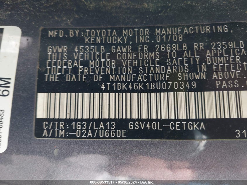 2008 Toyota Camry Xle V6 VIN: 4T1BK46K18U070349 Lot: 39533517
