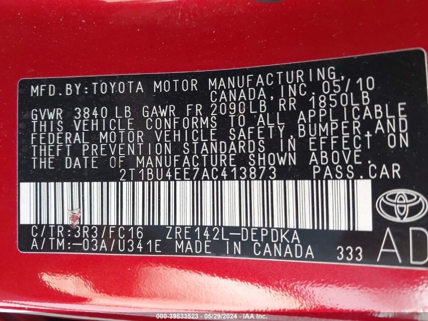 2010 Toyota Corolla Le VIN: 2T1BU4EE7AC413873 Lot: 39533523