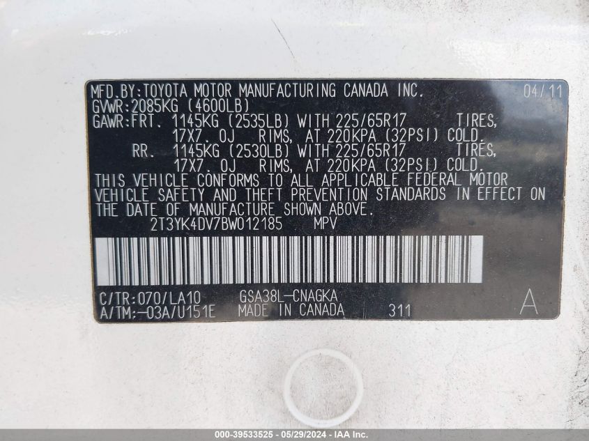 2011 Toyota Rav4 Limited V6 VIN: 2T3YK4DV7BW012185 Lot: 39533525