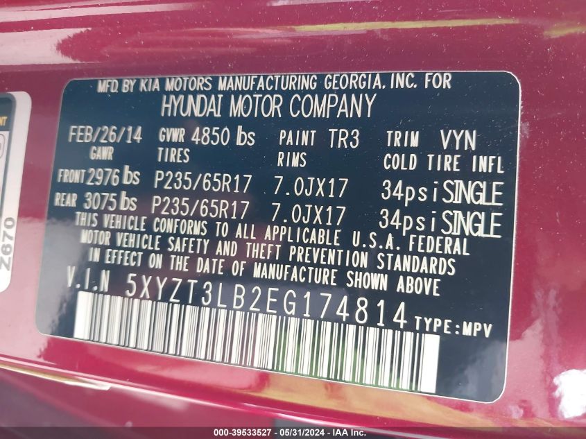 2014 HYUNDAI SANTA FE SPORT 2.4L - 5XYZT3LB2EG174814