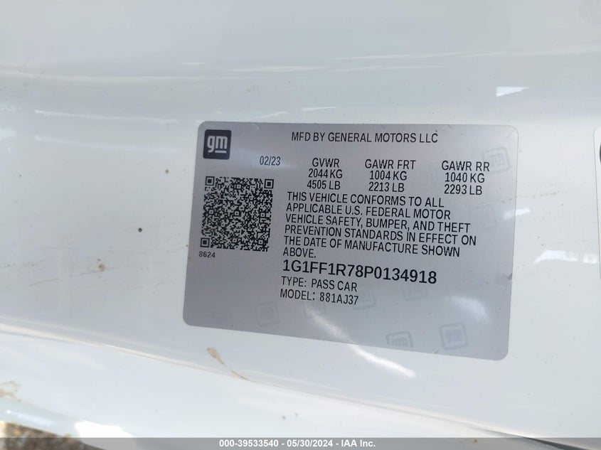 2023 Chevrolet Camaro Rwd 1Ss VIN: 1G1FF1R78P0134918 Lot: 39533540