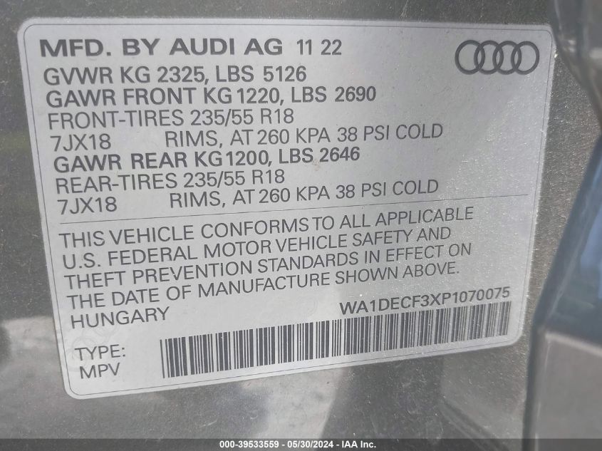 2023 Audi Q3 Premium S Line 45 VIN: WA1DECF3XP1070075 Lot: 39533559