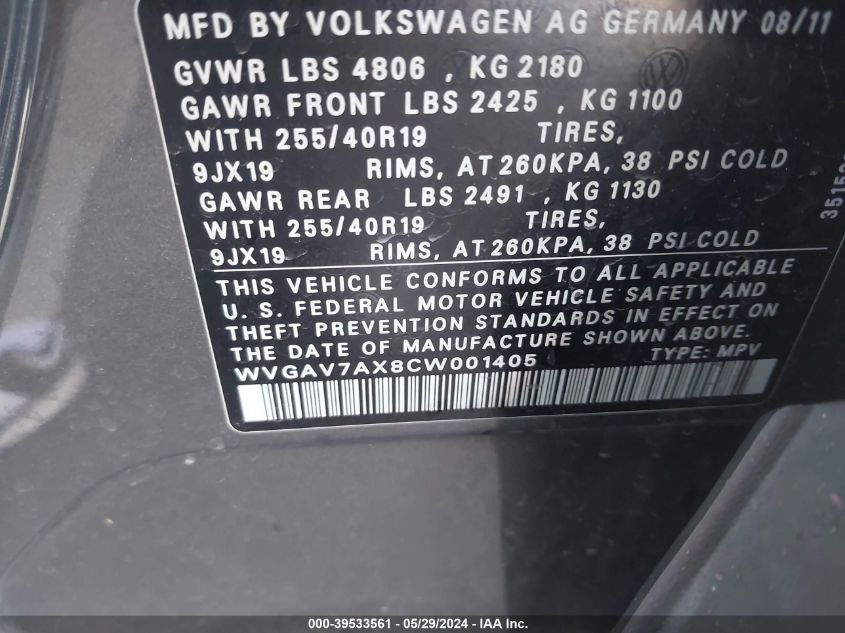 2012 Volkswagen Tiguan Sel VIN: WVGAV7AX8CW001405 Lot: 39533561