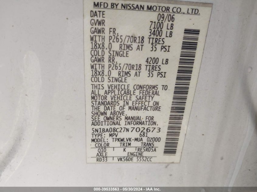 2007 Nissan Armada Le VIN: 5N1BA08C27N702673 Lot: 39533563