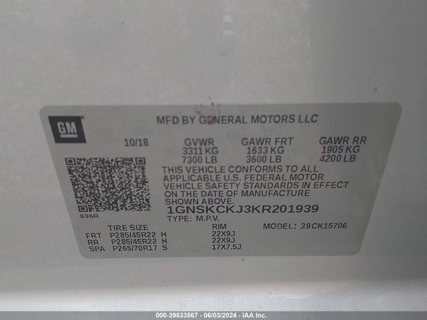 2019 Chevrolet Tahoe Premier VIN: 1GNSKCKJ3KR201939 Lot: 39533567