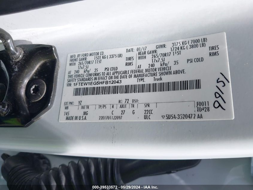 2017 Ford F-150 Xlt VIN: 1FTEW1EG5HFB12043 Lot: 39533572