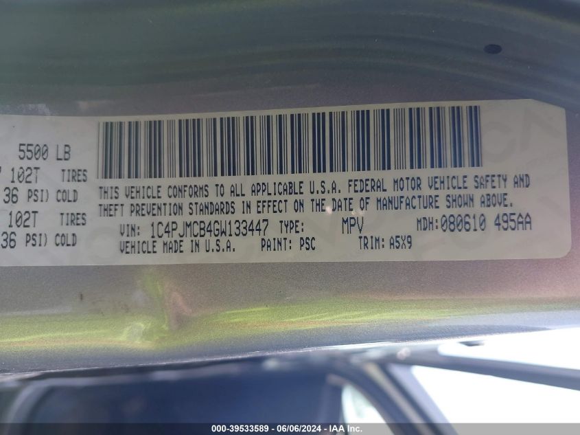 2016 Jeep Cherokee Latitude VIN: 1C4PJMCB4GW133447 Lot: 39533589