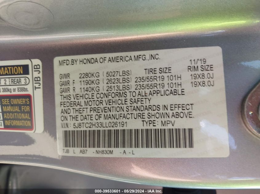 2020 Acura Rdx Standard VIN: 5J8TC2H33LL026191 Lot: 39533601