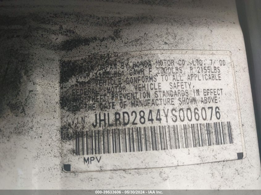 2000 Honda Cr-V Lx VIN: JHLRD2844YS006076 Lot: 39533606