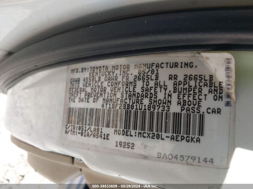 2001 Toyota Avalon Xls VIN: 4T1BF28B01U189733 Lot: 39533609