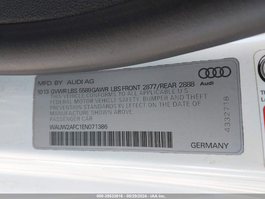 2014 Audi S7 4.0T Prestige VIN: WAUW2AFC1EN071386 Lot: 39533616