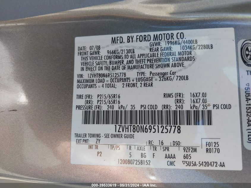 2009 Ford Mustang V6/V6 Premium VIN: 1ZVHT80N695125778 Lot: 39533619