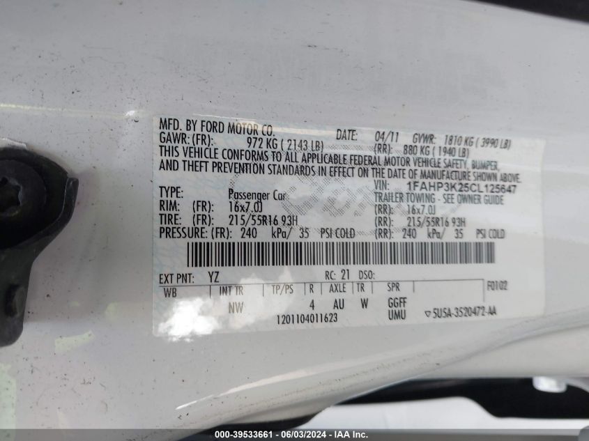 2012 Ford Focus Se VIN: 1FAHP3K25CL125647 Lot: 39533661