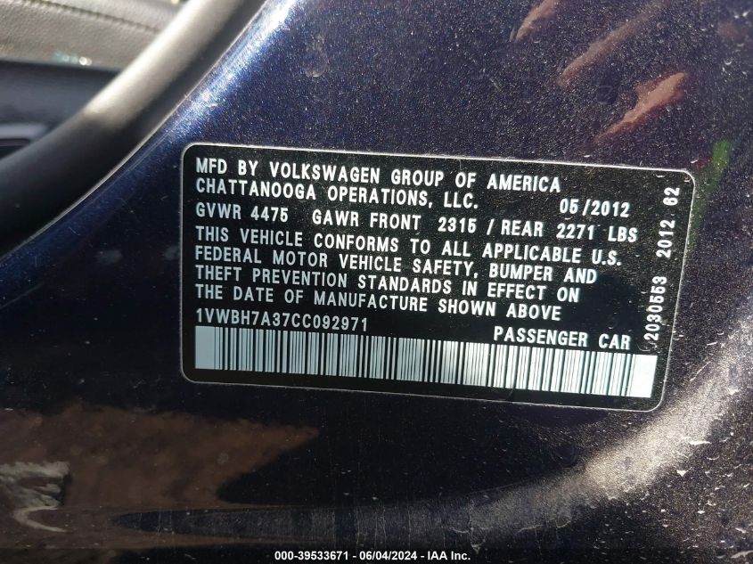 2012 Volkswagen Passat 2.5L Se VIN: 1VWBH7A37CC092971 Lot: 39533671