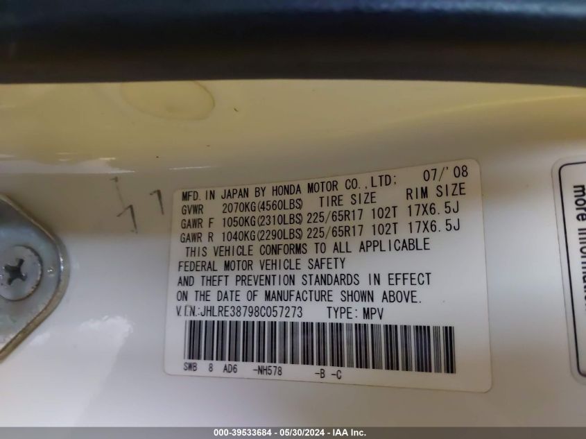 2008 Honda Cr-V Ex-L VIN: JHLRE38798C057273 Lot: 39533684
