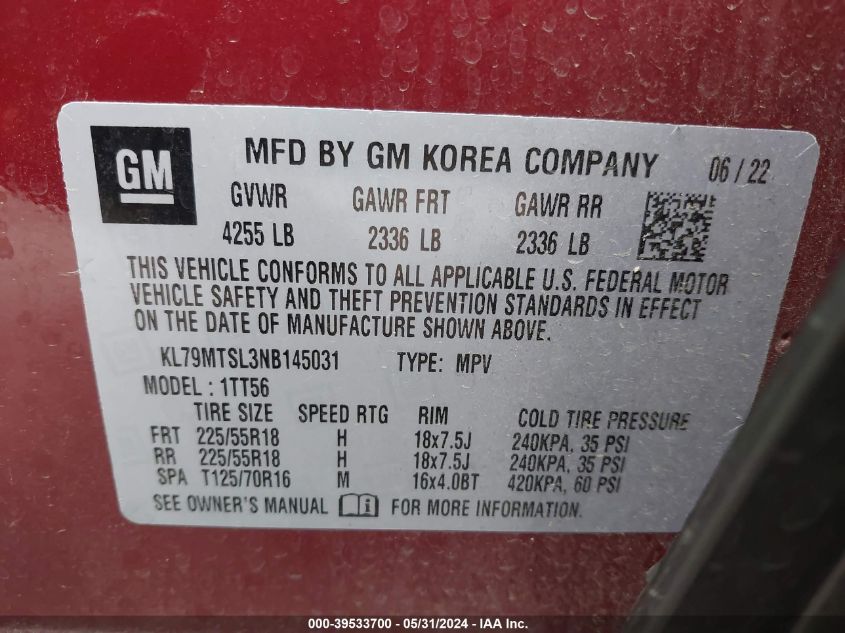 2022 Chevrolet Trailblazer Fwd Rs VIN: KL79MTSL3NB145031 Lot: 39533700