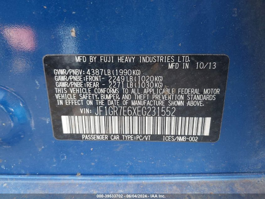 2014 SUBARU IMPREZA WRX VIN: JF1GR7E6XEG231552