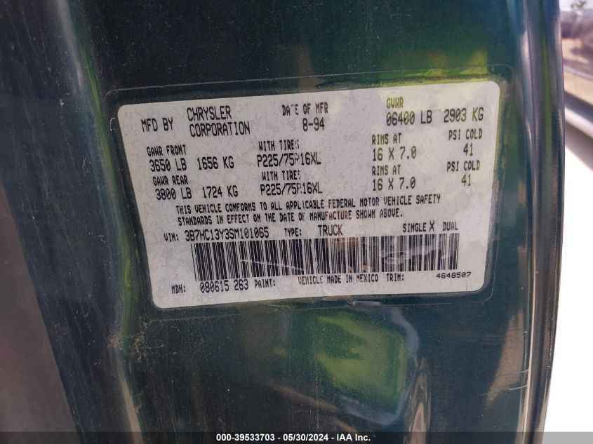 1995 Dodge Ram 1500 VIN: 3B7HC13Y3SM101065 Lot: 39533703