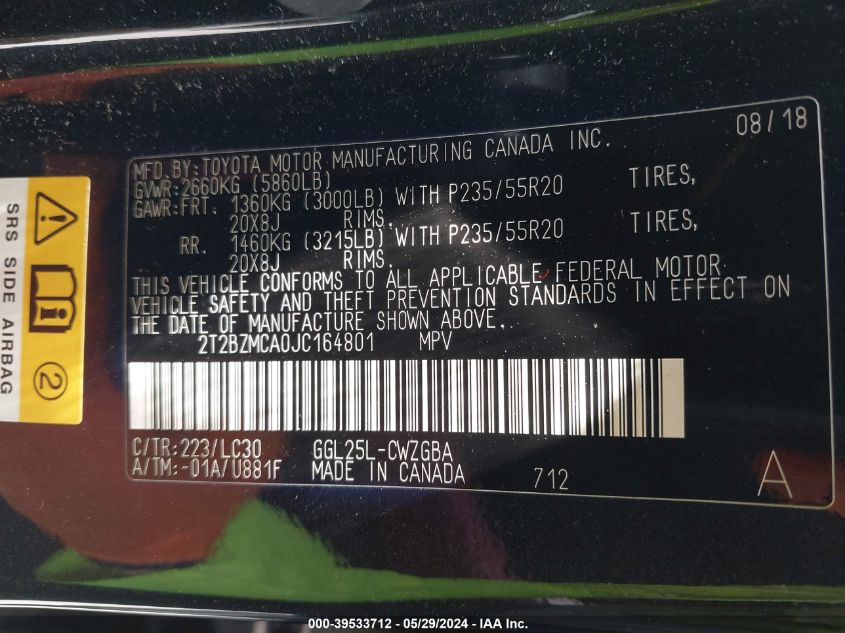 2018 Lexus Rx 350 F Sport VIN: 2T2BZMCA0JC164801 Lot: 39533712