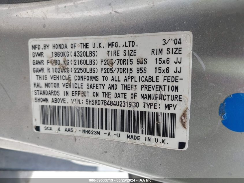 2004 Honda Cr-V Lx VIN: SHSRD78484U231630 Lot: 39533719