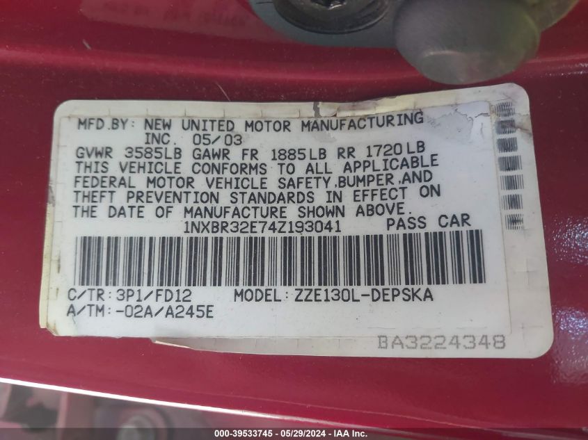 2004 Toyota Corolla S VIN: 1NXBR32E74Z193041 Lot: 39533745