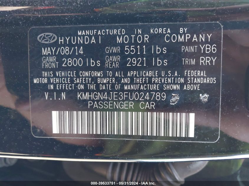 2015 Hyundai Genesis 3.8L VIN: KMHGN4JE3FU024789 Lot: 39533751