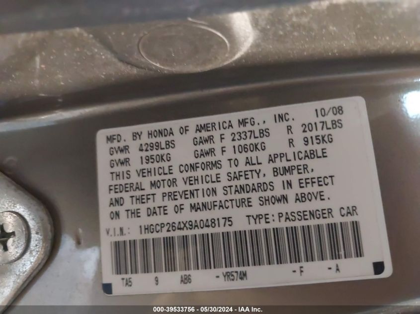 1HGCP264X9A048175 2009 Honda Accord 2.4 Lx-P