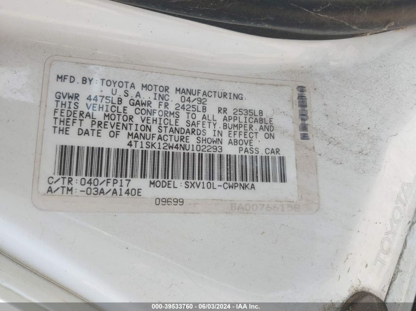 1992 Toyota Camry Le VIN: 4T1SK12W4NU102293 Lot: 39533760