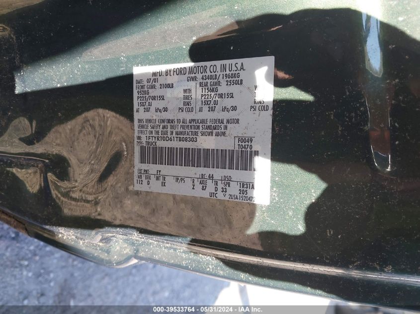 2001 Ford Ranger VIN: 1FTYR10D61TB08303 Lot: 39533764