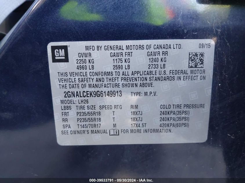 2016 Chevrolet Equinox Lt VIN: 2GNALCEK9G614991 Lot: 39533791