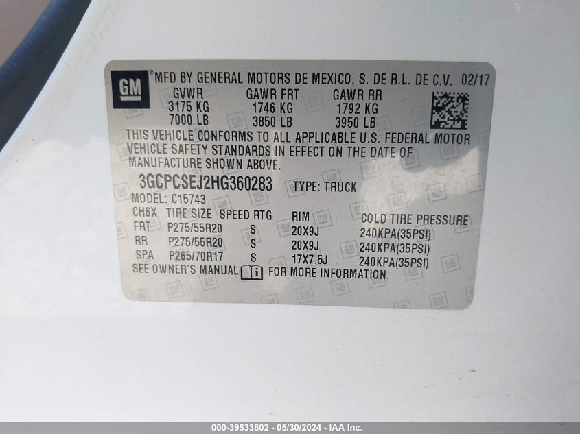 2017 Chevrolet Silverado 1500 1Lz VIN: 3GCPCSEJ2HG360283 Lot: 39533802