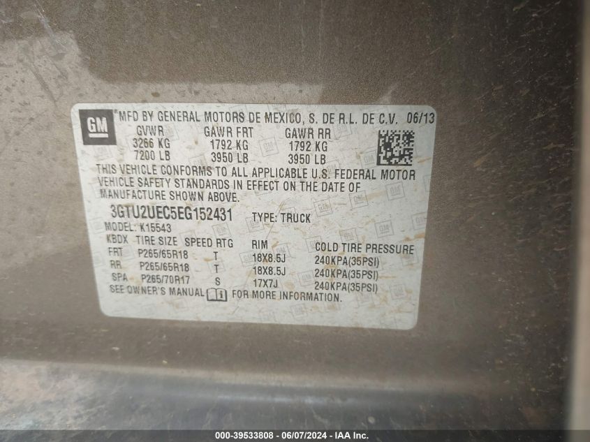 2014 GMC Sierra 1500 Sle VIN: 3GTU2UEC5EG152431 Lot: 39533808