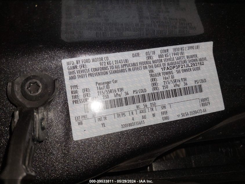 2018 Ford Focus Se VIN: 1FADP3F21JL293162 Lot: 39533811