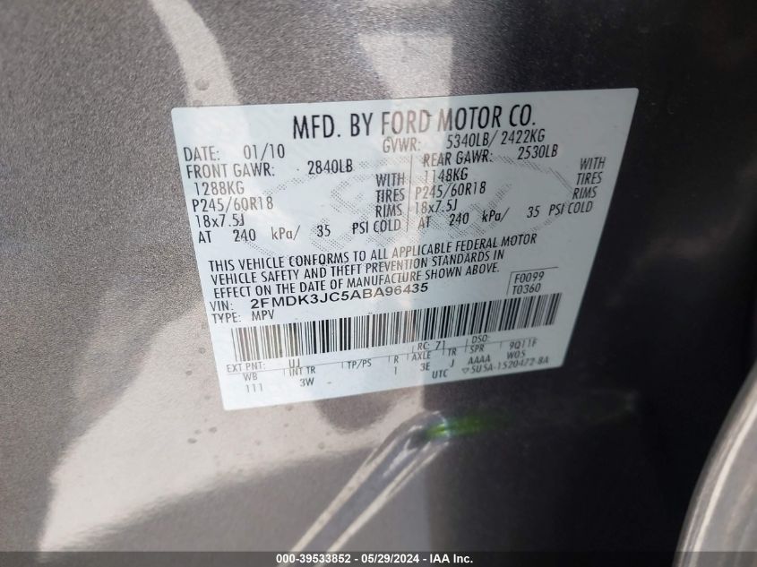 2010 Ford Edge Sel VIN: 2FMDK3JC5ABA96435 Lot: 39533852