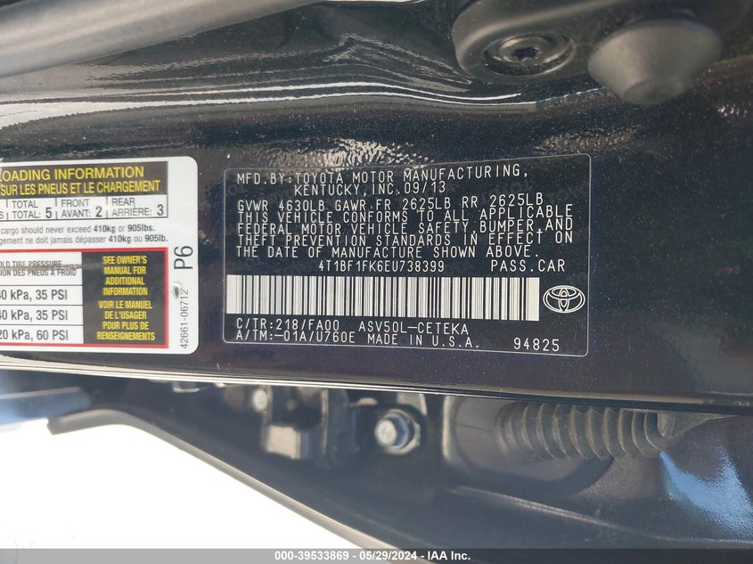 2014 Toyota Camry L VIN: 4T1BF1FK6EU738399 Lot: 39533869
