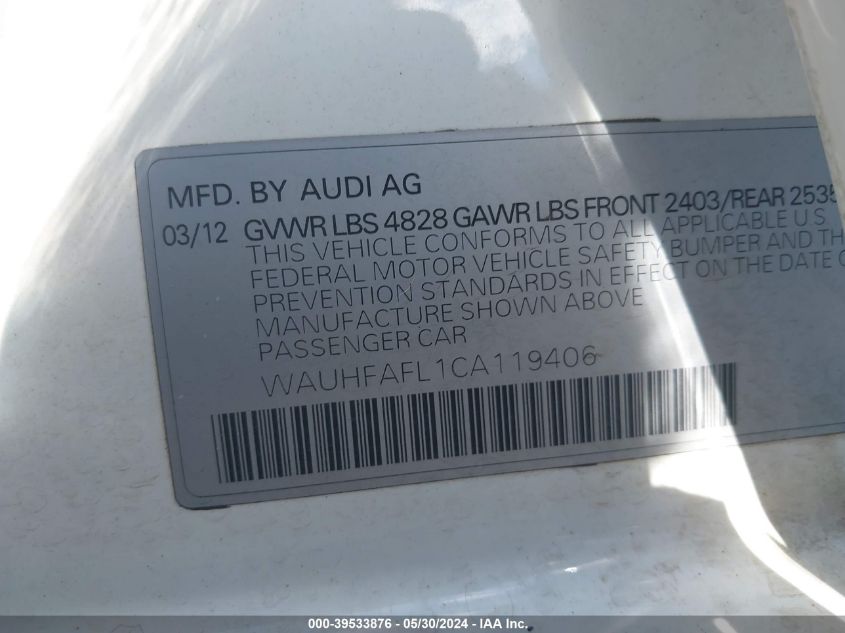 2012 Audi A4 2.0T Premium VIN: WAUHFAFL1CA119406 Lot: 39533876