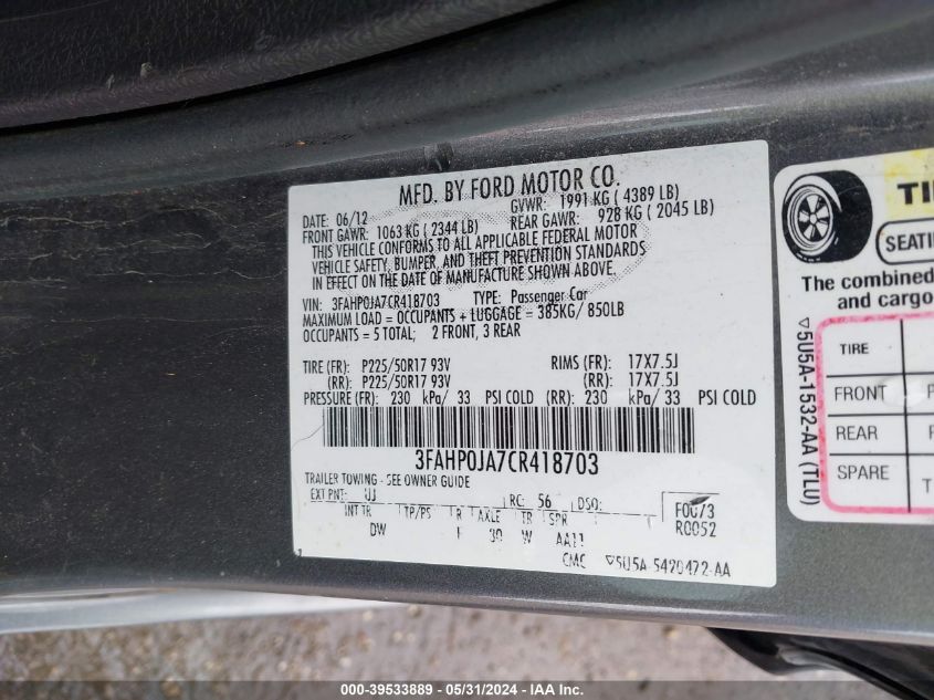 2012 Ford Fusion Sel VIN: 3FAHP0JA7CR418703 Lot: 39533889