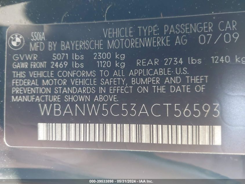 2010 BMW 550 I VIN: WBANW5C53ACT56593 Lot: 39533898