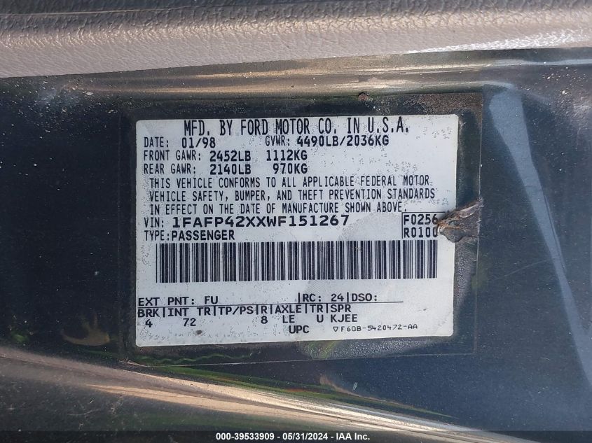 1998 Ford Mustang Gt VIN: 1FAFP42XXWF151267 Lot: 39533909