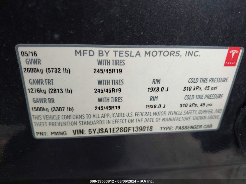 2016 Tesla Model S 60D/70D/75D/85D/90D VIN: 5YJSA1E28GF139018 Lot: 39533912