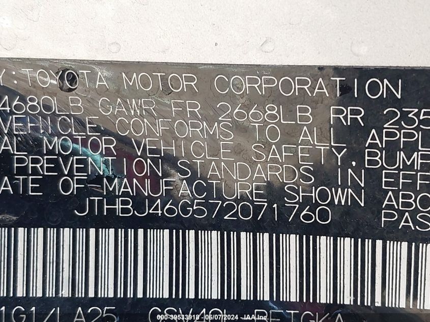 2007 Lexus Es 350 VIN: JTHBJ46G572071760 Lot: 39533918