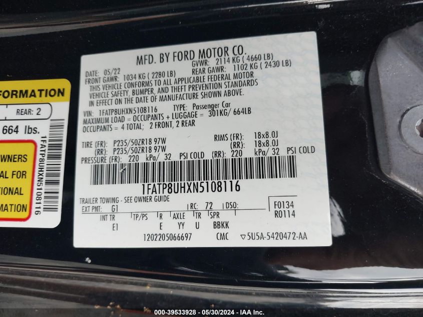 2022 Ford Mustang VIN: 1FATP8UHXN5108116 Lot: 39533928