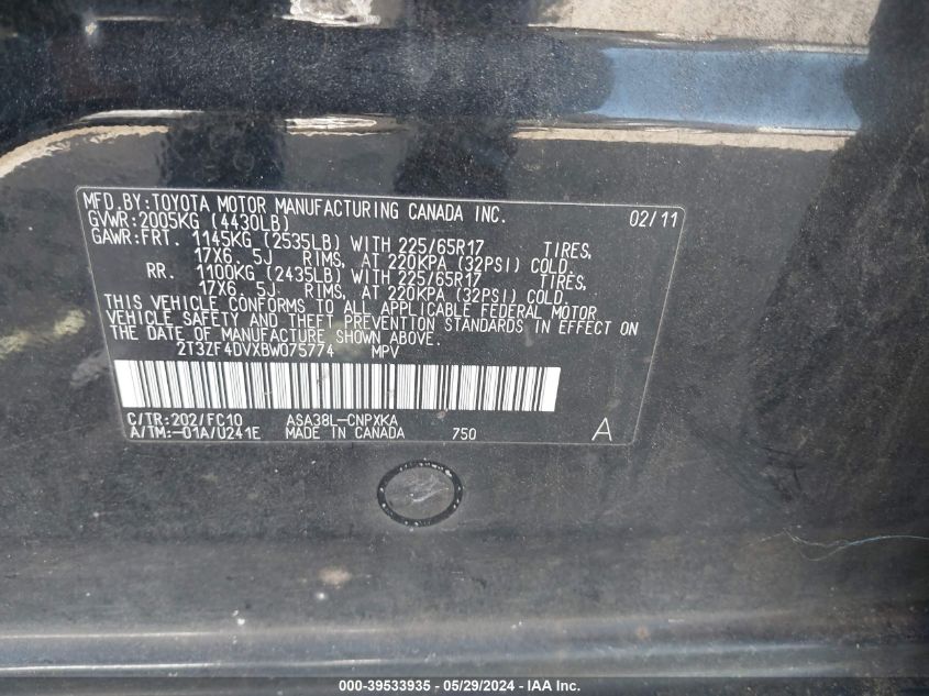 2011 Toyota Rav4 VIN: 2T3ZF4DVXBW075774 Lot: 39533935