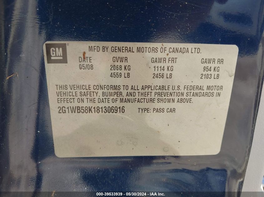 2008 Chevrolet Impala Ls VIN: 2G1WB58K181306916 Lot: 39533939