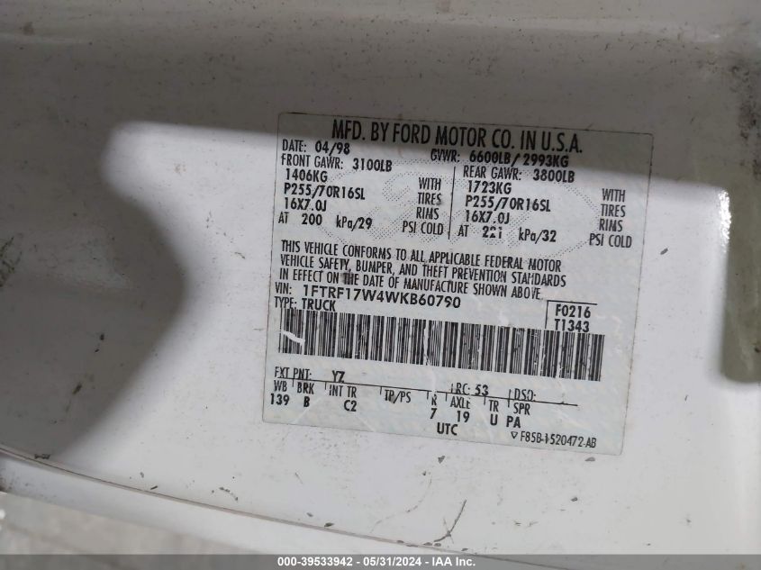 1998 Ford F-150 Lariat/Standard/Xl/Xlt VIN: 1FTRF17W4WKB60790 Lot: 39533942
