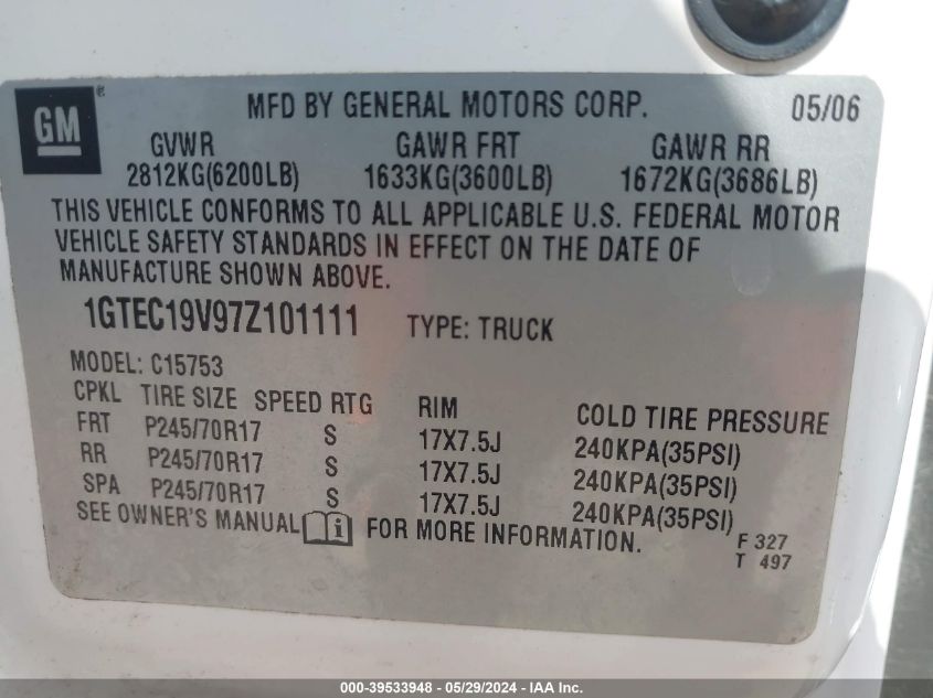 2007 GMC Sierra 1500 Classic Sle1 VIN: 1GTEC19V97Z101111 Lot: 39533948