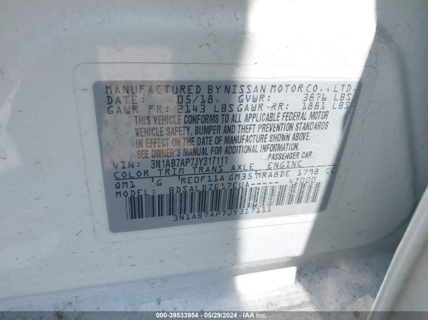 2018 Nissan Sentra Sv VIN: 3N1AB7AP7JY317111 Lot: 39533954