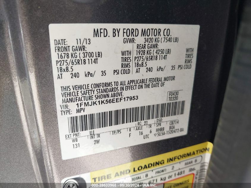 2014 Ford Expedition El Limited VIN: 1FMJK1K56EEF17953 Lot: 39533968