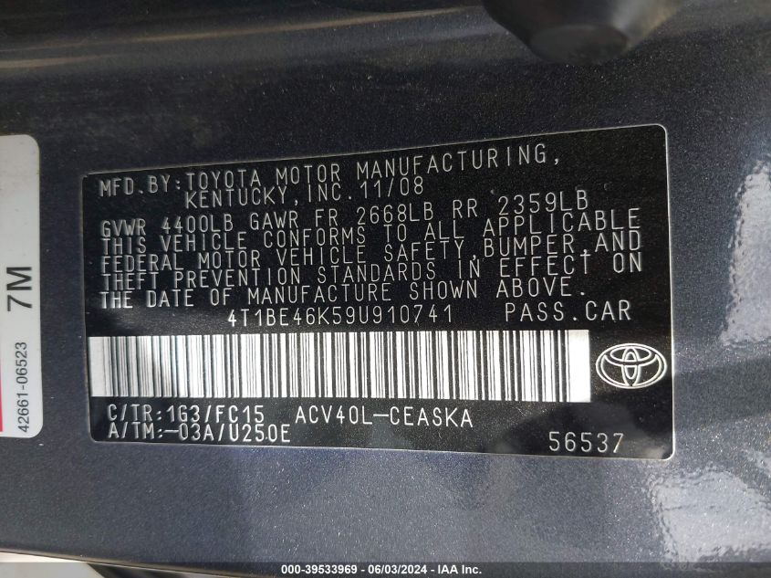 2009 Toyota Camry Se VIN: 4T1BE46K59U910741 Lot: 39533969