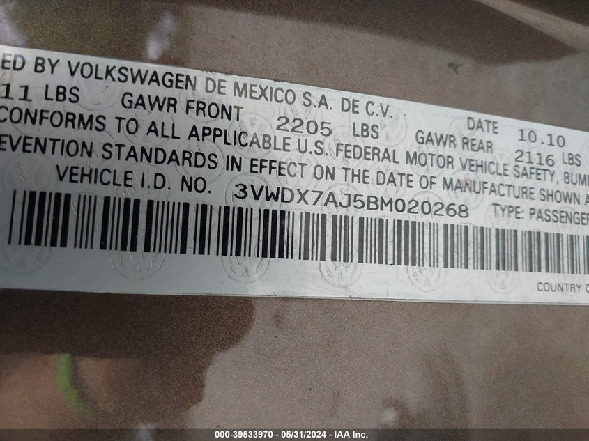 2011 Volkswagen Jetta 2.5L Se VIN: 3VWDX7AJ5BM020268 Lot: 39533970